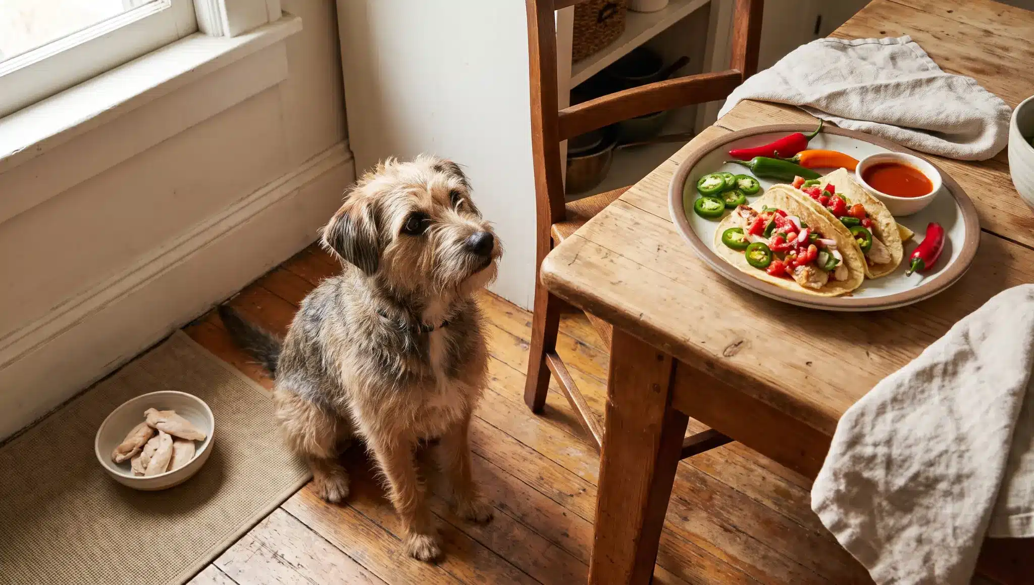 curious dog near spicy food and plain treats, can dogs taste spicy safety idea for pet owners