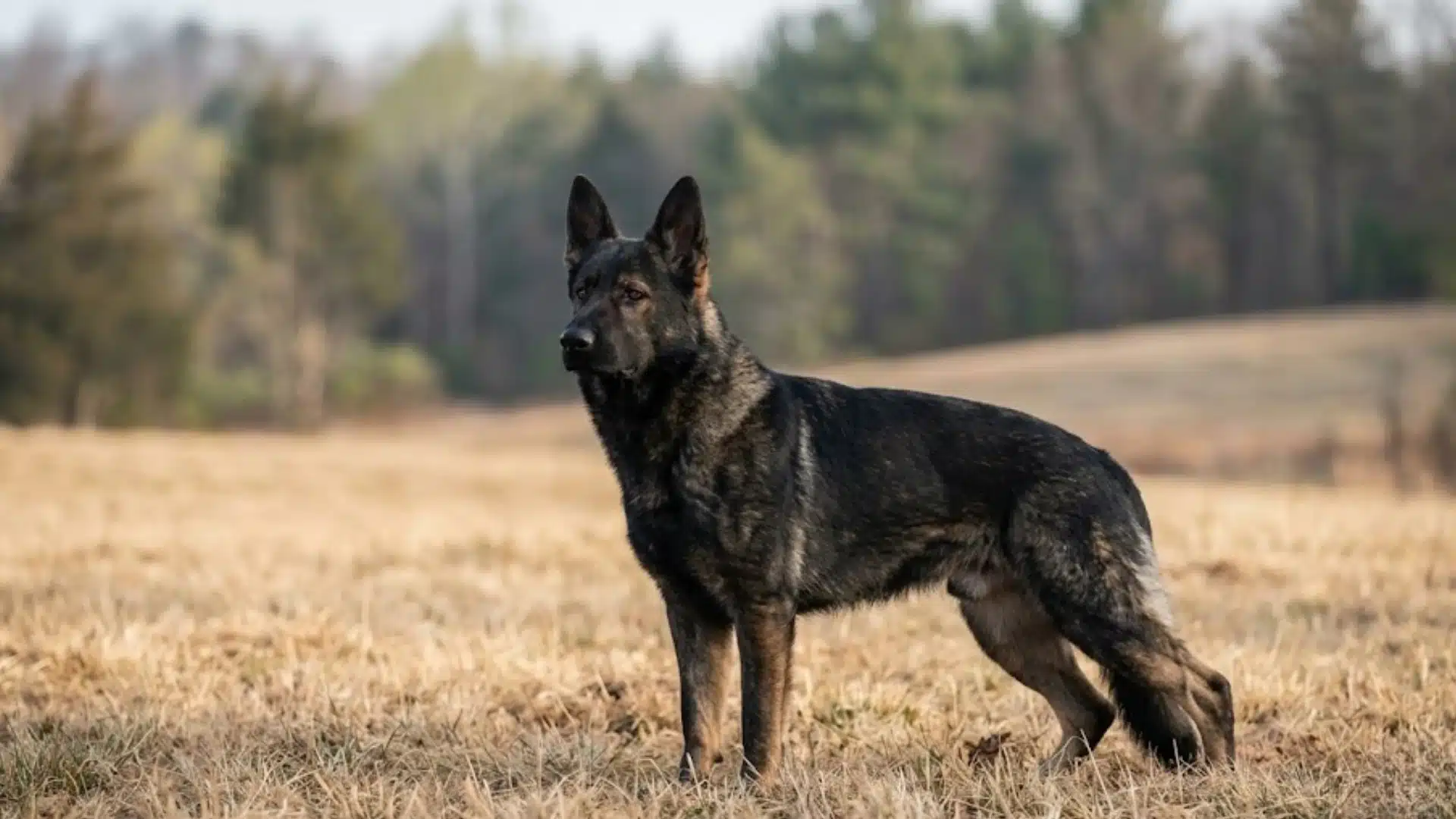 Dark German Shepherd standing in a dry field with trees in the background, looking alert and focused