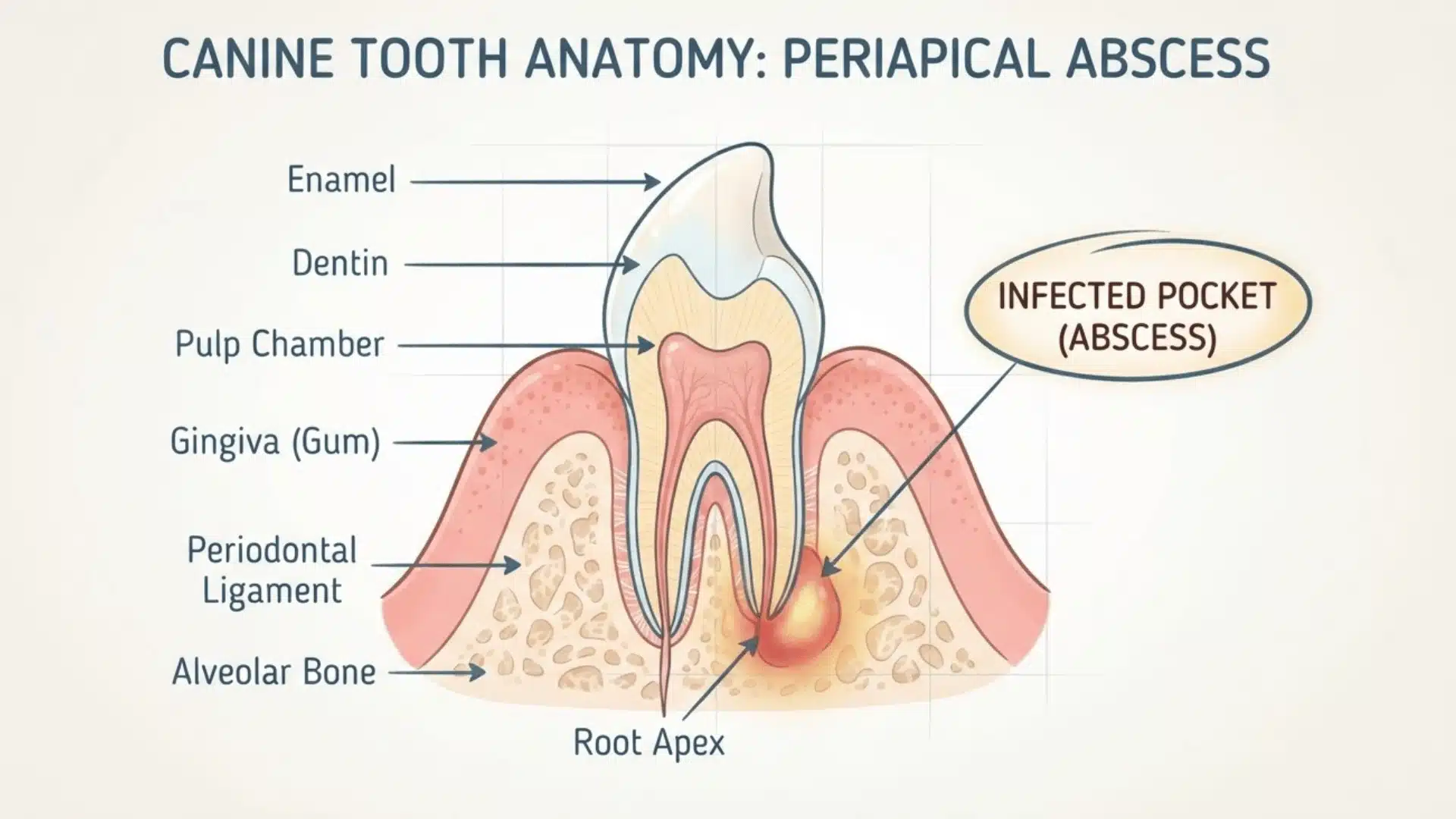 Diagram showing where infection forms at a dog's tooth root