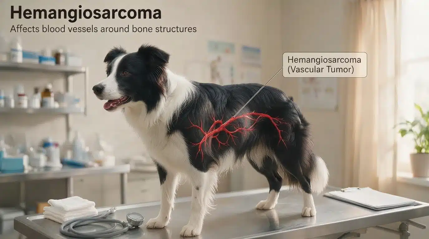 dog anatomy showing blood vessels around bone structures in hemangiosarcoma