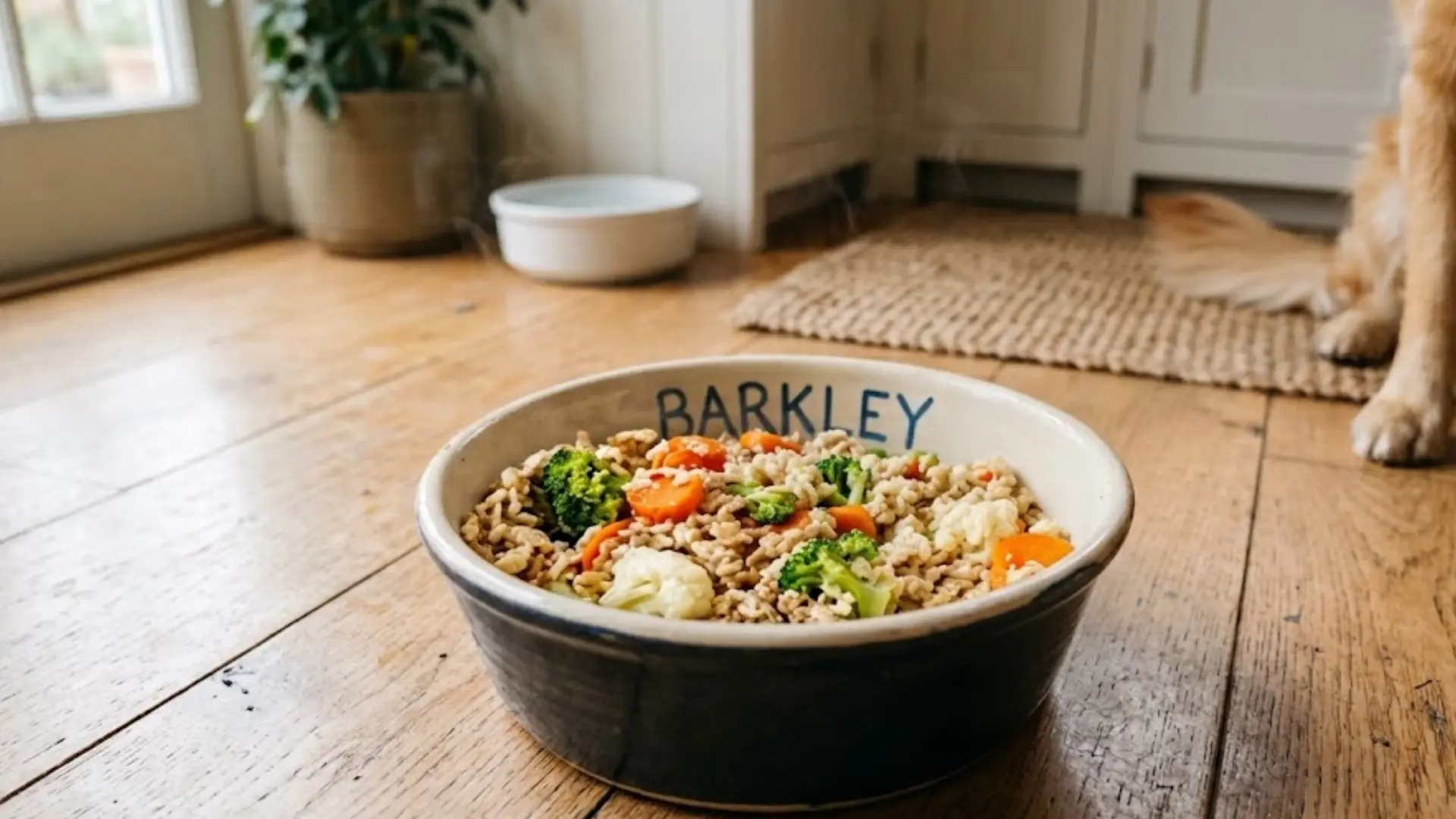 Dog bowl filled with homemade food beside a waiting golden retriever