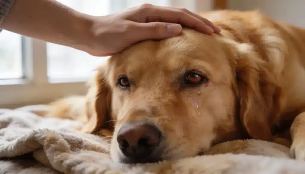 dog cold symptoms shown by a tired golden retriever with watery eyes and a runny nose at home