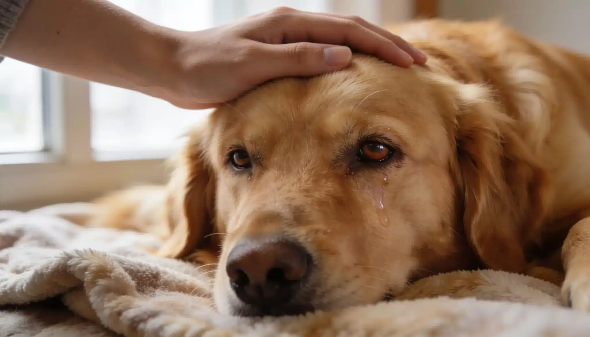 dog cold symptoms shown by a tired golden retriever with watery eyes and a runny nose at home