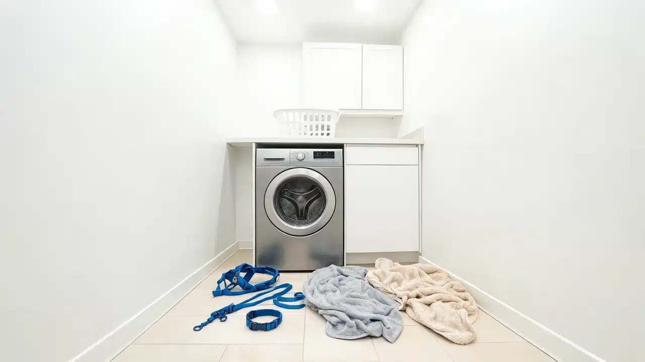 dog collar leash towel and bedding ready to wash after poison ivy exposure
