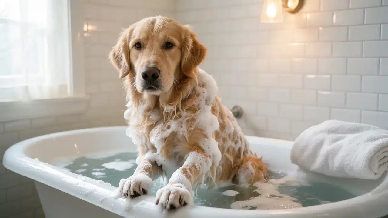 dog getting a gentle bath with dog safe shampoo after poison ivy contact