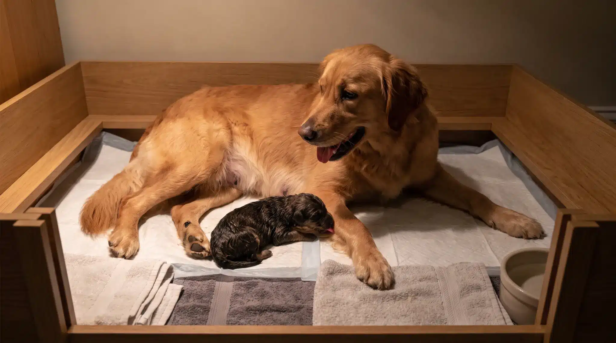dog labor stage two shown as a mother dog cleans a newborn puppy during active delivery
