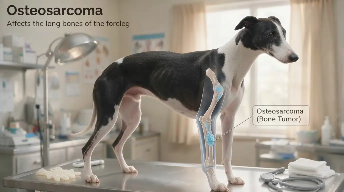 dog leg anatomy showing osteosarcoma affected area in veterinary illustration