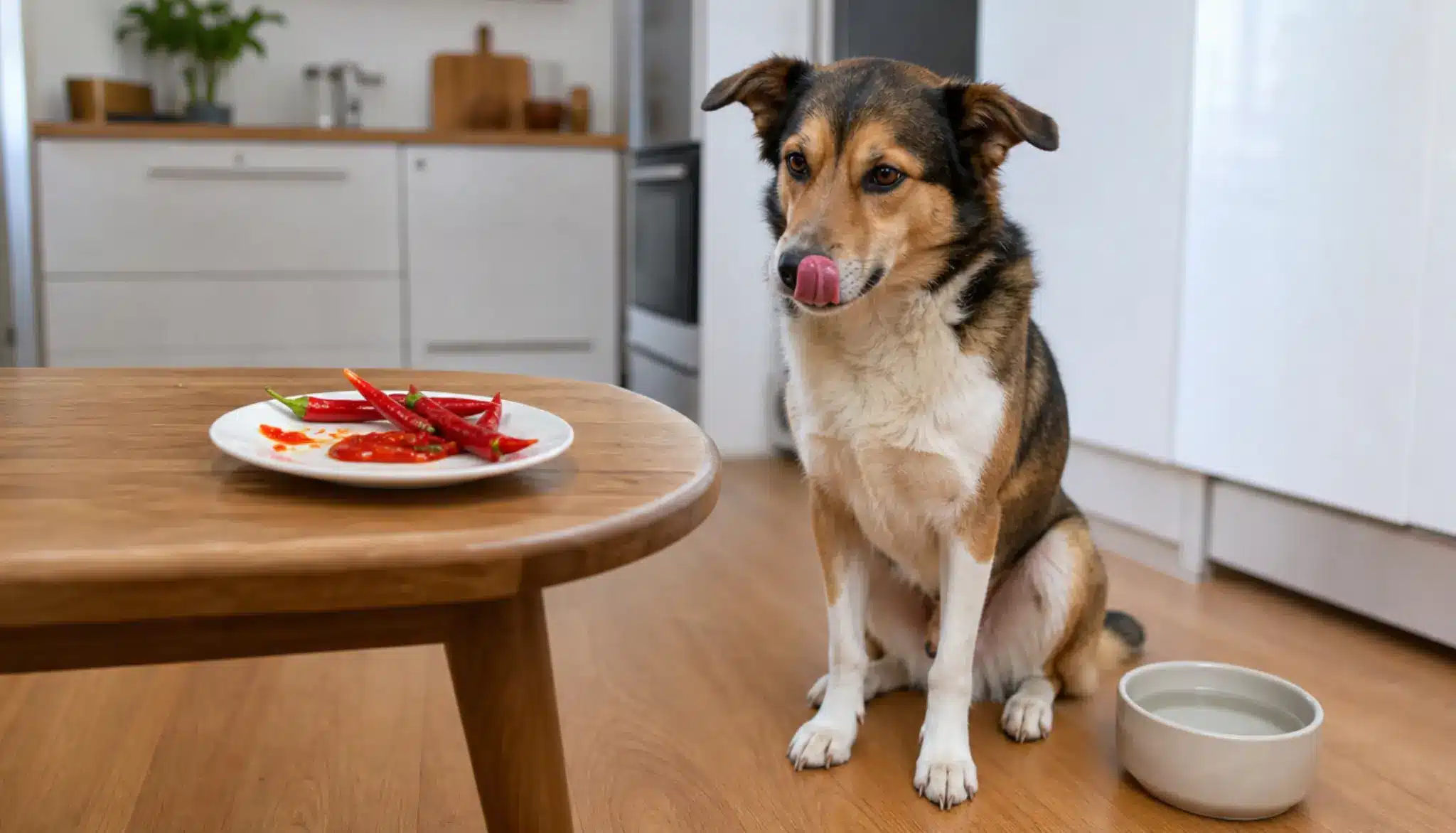 dog licking its lips near hot peppers and water showing how capsaicin affects dogs