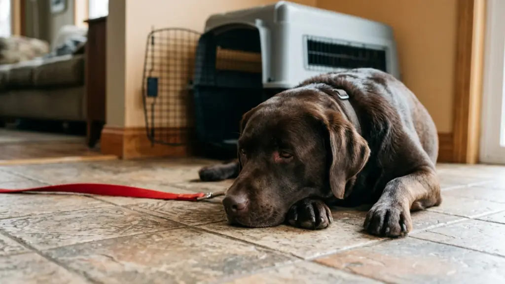Dog lying on the floor near a crate before travel