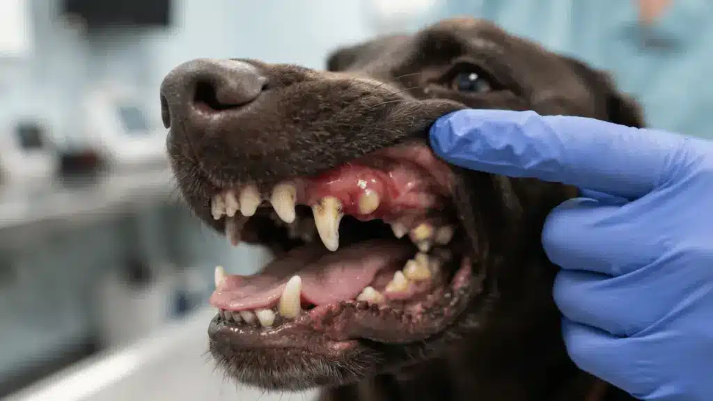 Dog mouth close-up showing gum abscess near upper tooth with redness, swelling, and infection highlighted