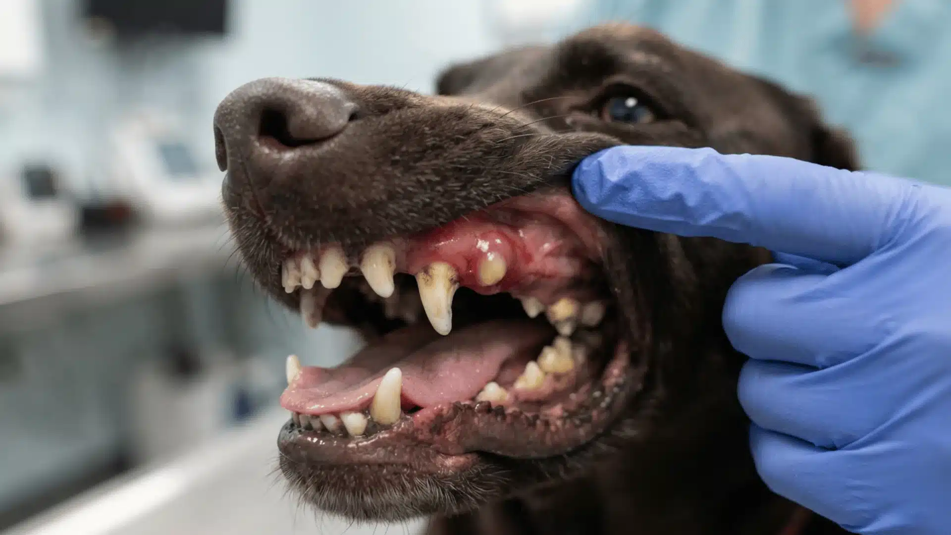 Dog mouth close-up showing gum abscess near upper tooth with redness, swelling, and infection highlighted