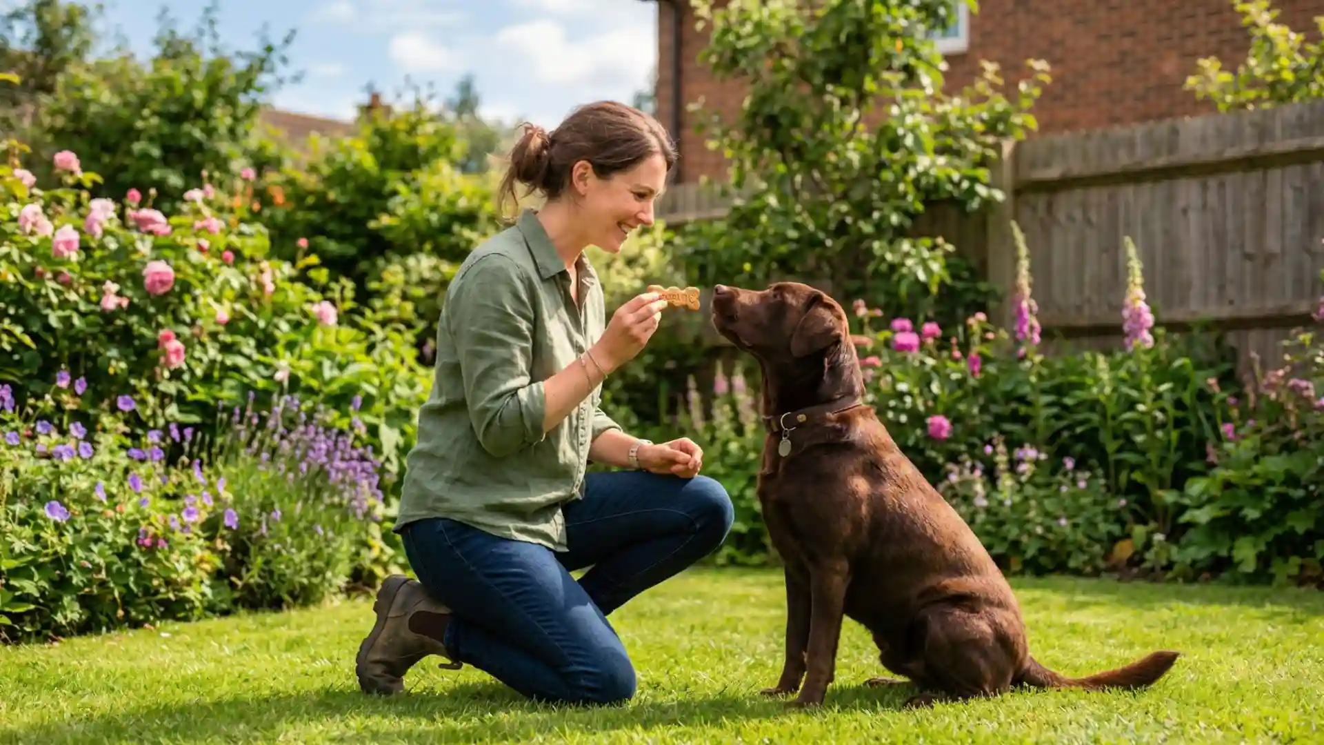 Dog owner training a Labrador with treats outdoors