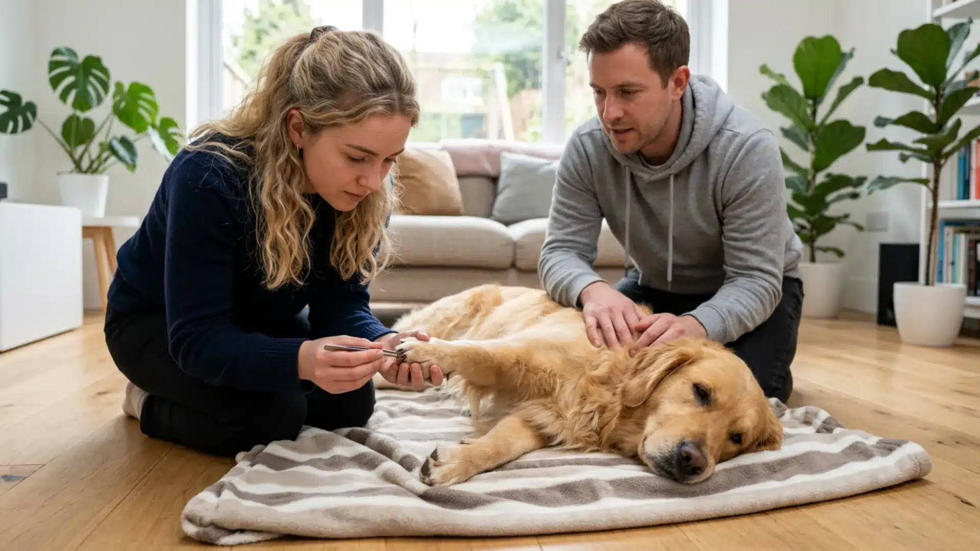 Dog owner trimming an injured dog nail while another person comforts the dog