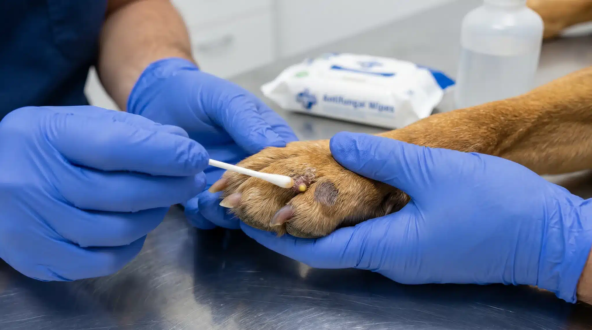 dog paw with bacterial and yeast signs examined by a vet with swab and topical care
