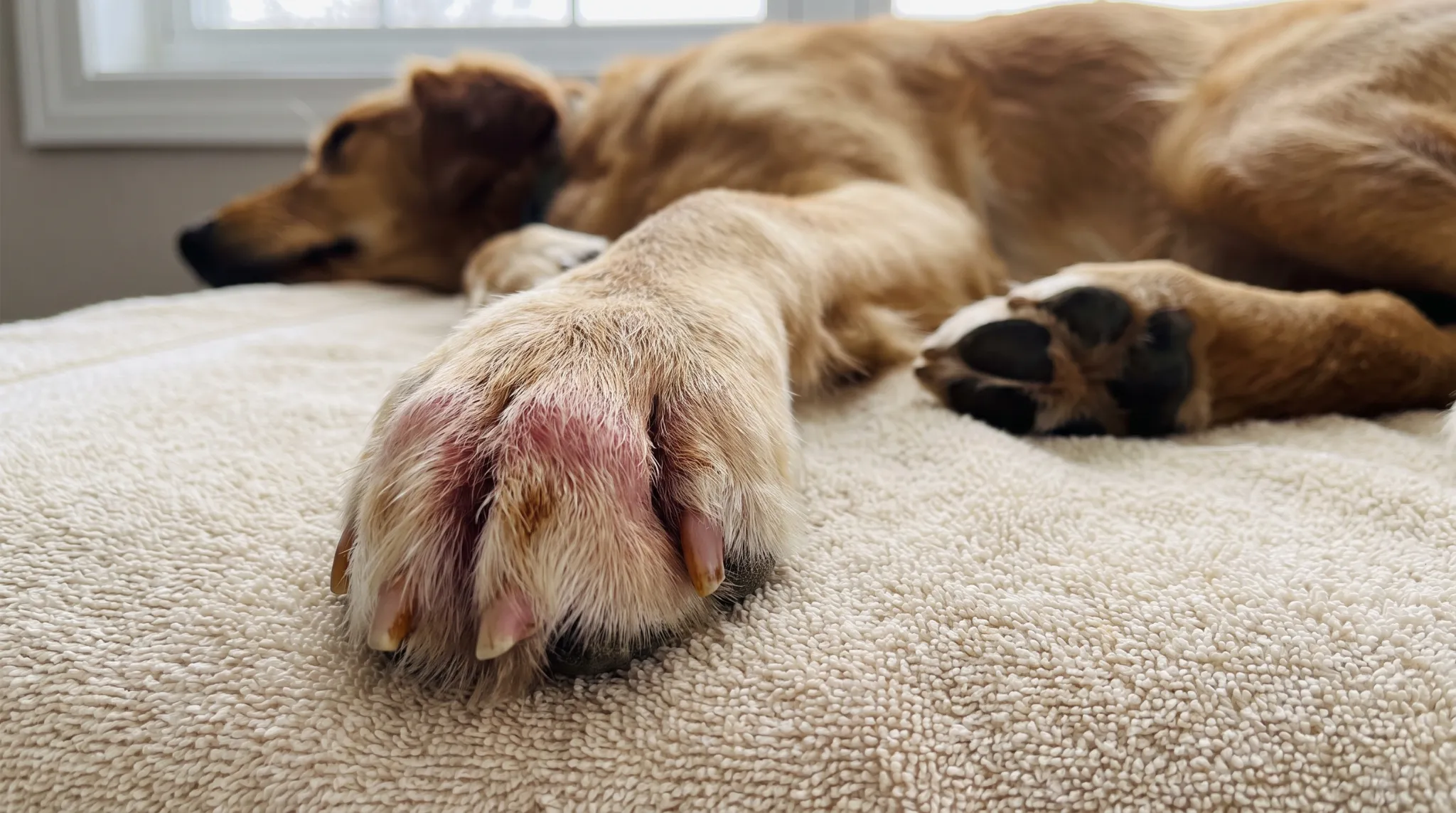 dog paw with redness swelling and saliva staining, dogs paws are red and need careful checkin