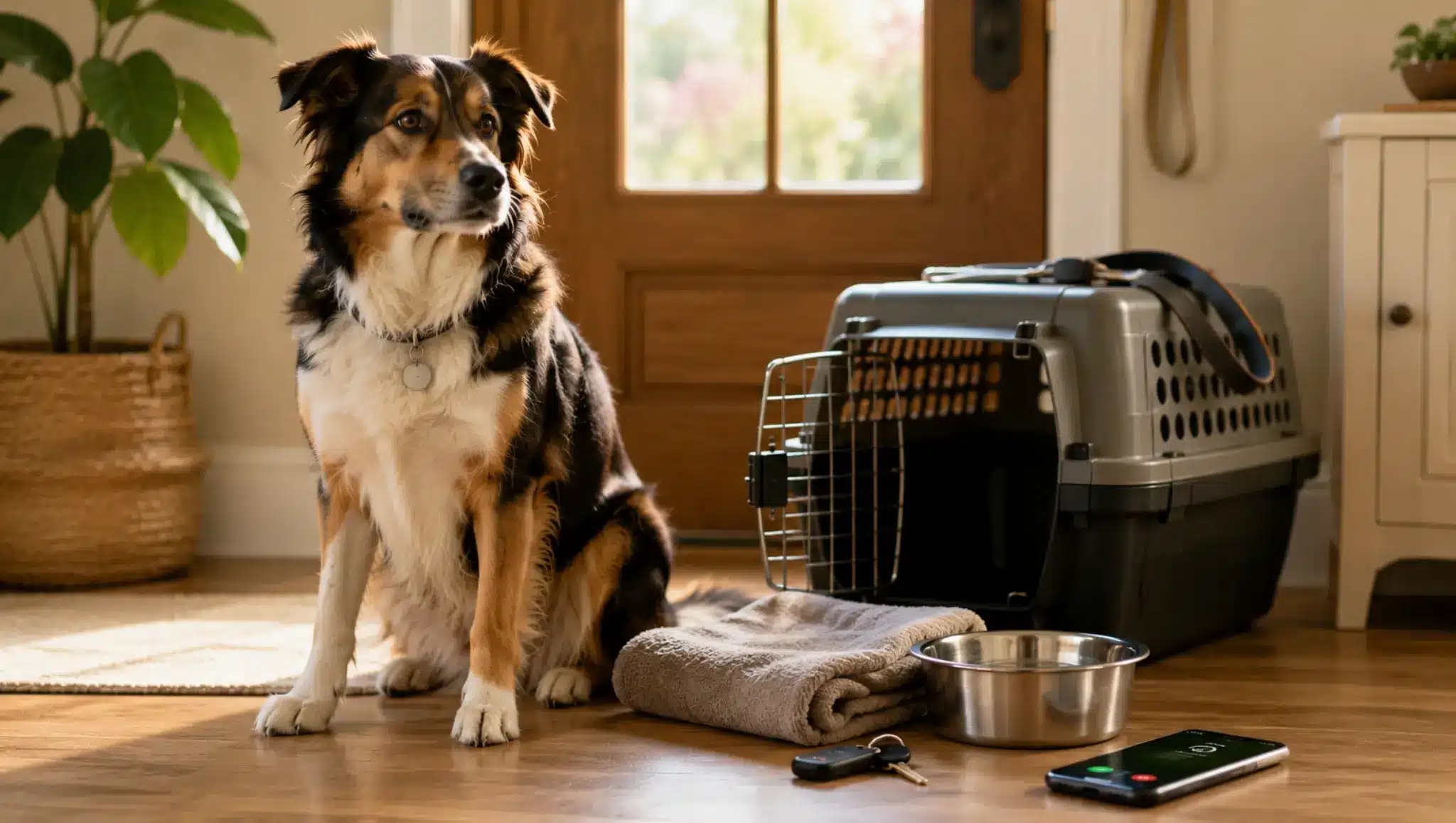 dog ready for emergency vet care after serious blood in stool warning sign
