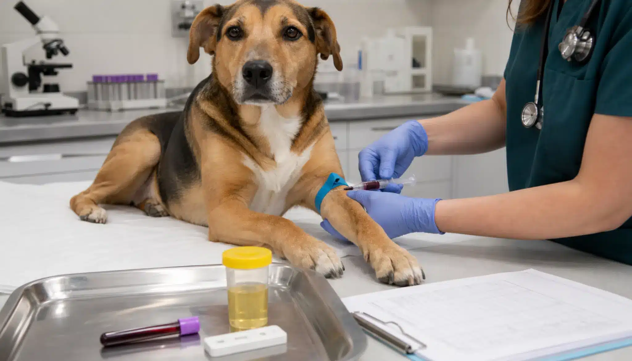 dog receiving a blood test with urine testing supplies nearby for canine lyme disease diagnosis (1)