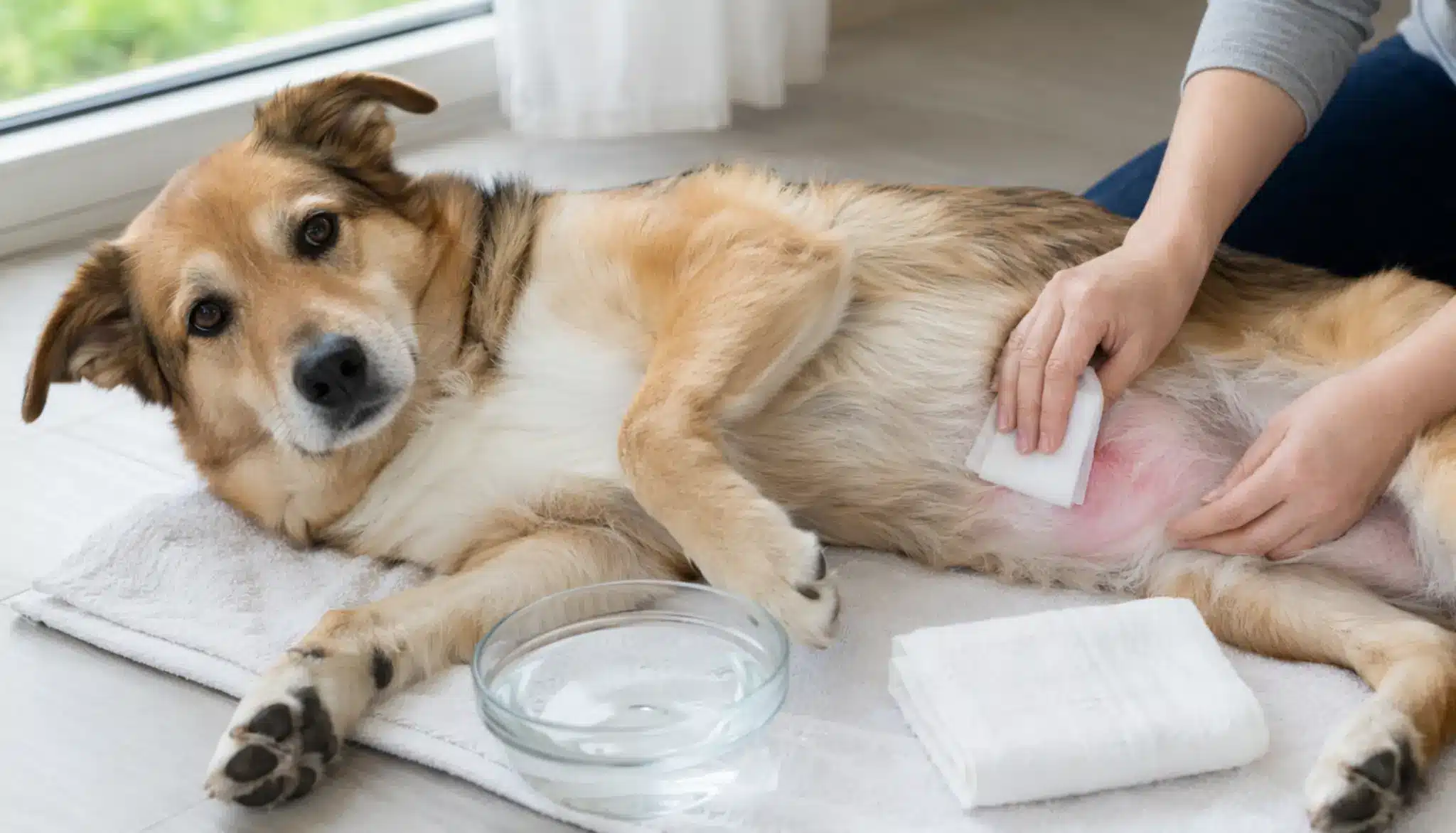 dog receiving a cool compress and gentle skin cleaning for a mild heat related skin reaction