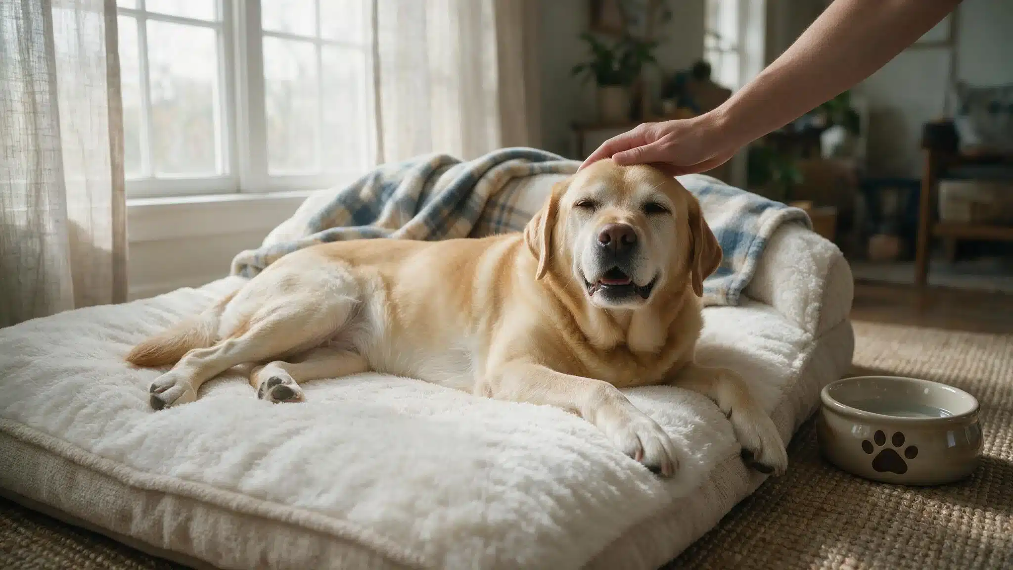 dog resting comfortably on soft bed while receiving gentle care at home during illness support