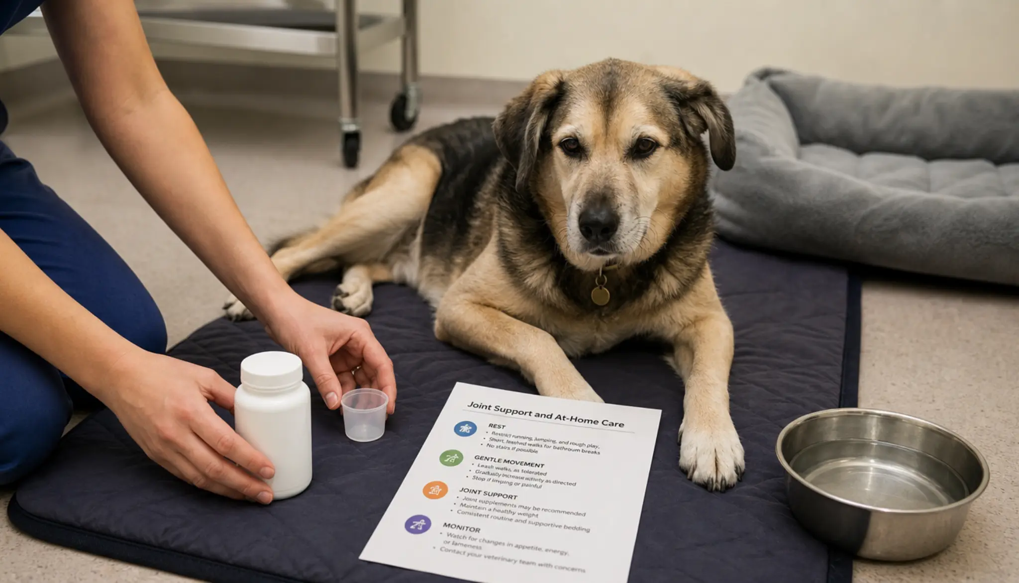 dog resting during veterinary treatment with prescribed medication and joint support care nearby