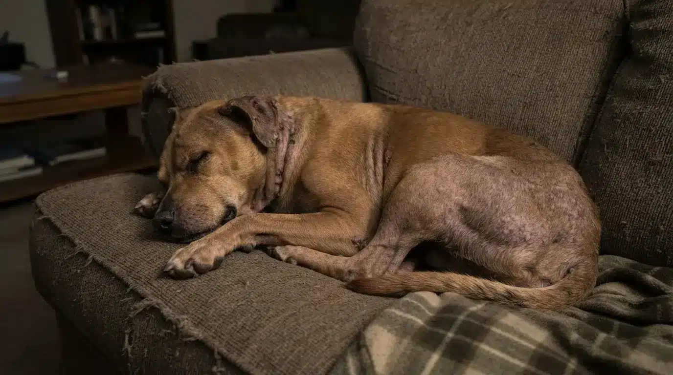 dog resting on a couch with severe hair loss patchy skin and visible mange symptoms covering the hindquarters