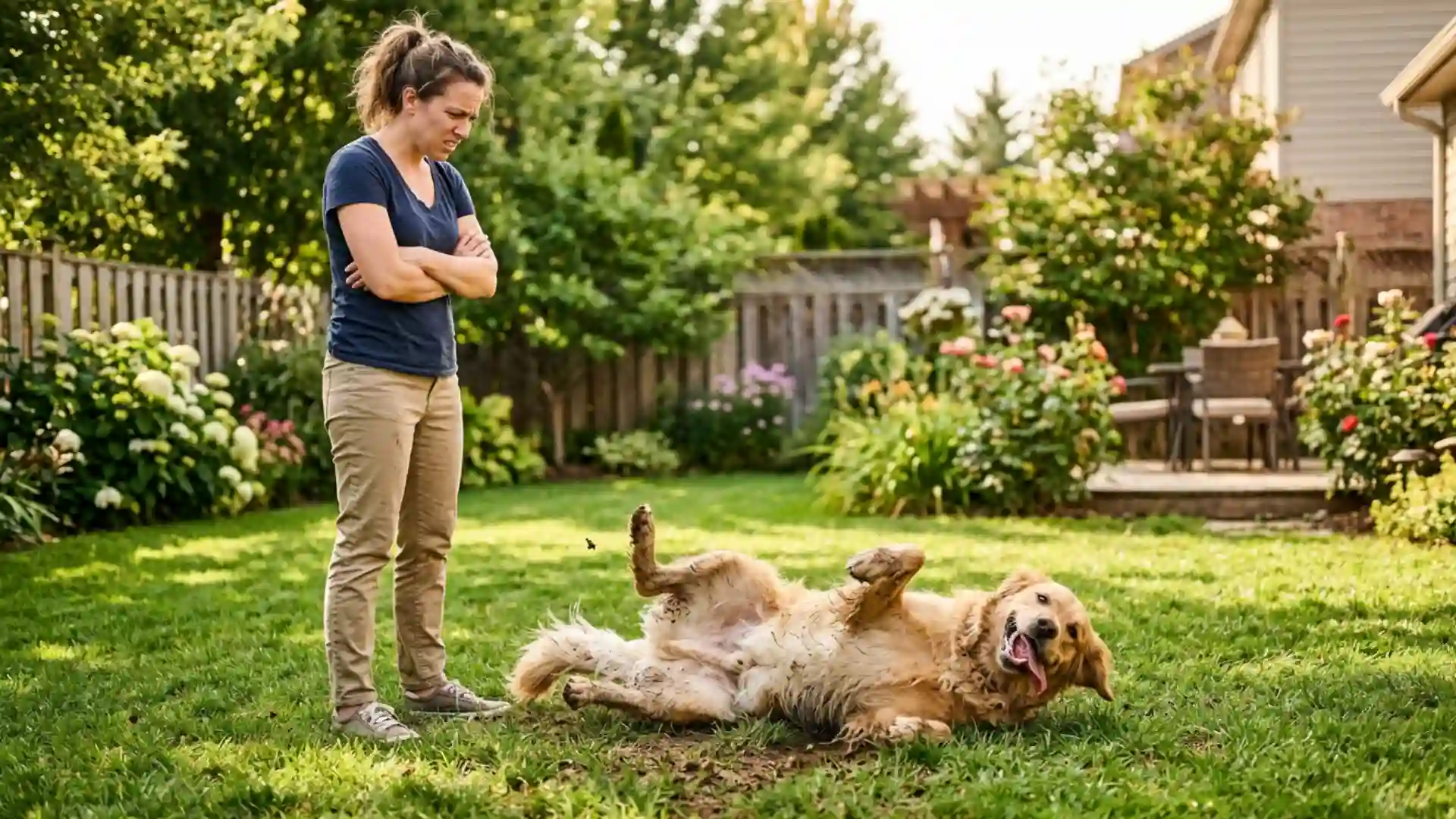 Dog rolling in poop in backyard while owner watches