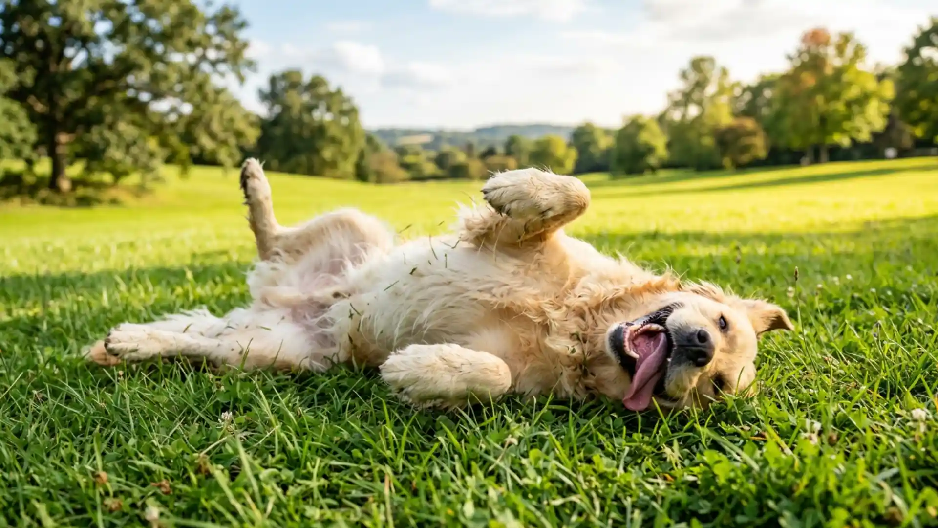 Dog rolling on grass showing the natural scent rolling behavior
