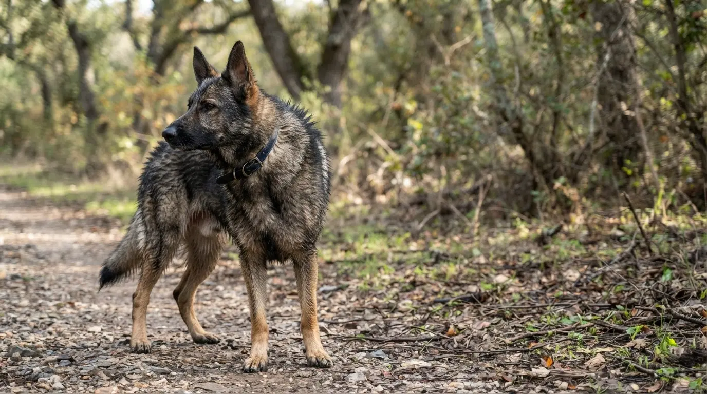 dog showing defensive warning signals through stiff posture and alert body language