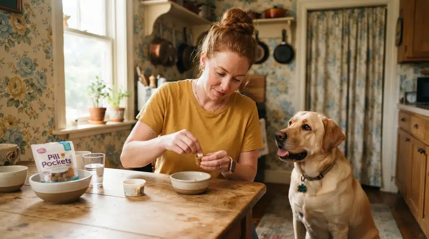 dog showing gradual allergy relief after taking benadryl during monitored recovery period indoors