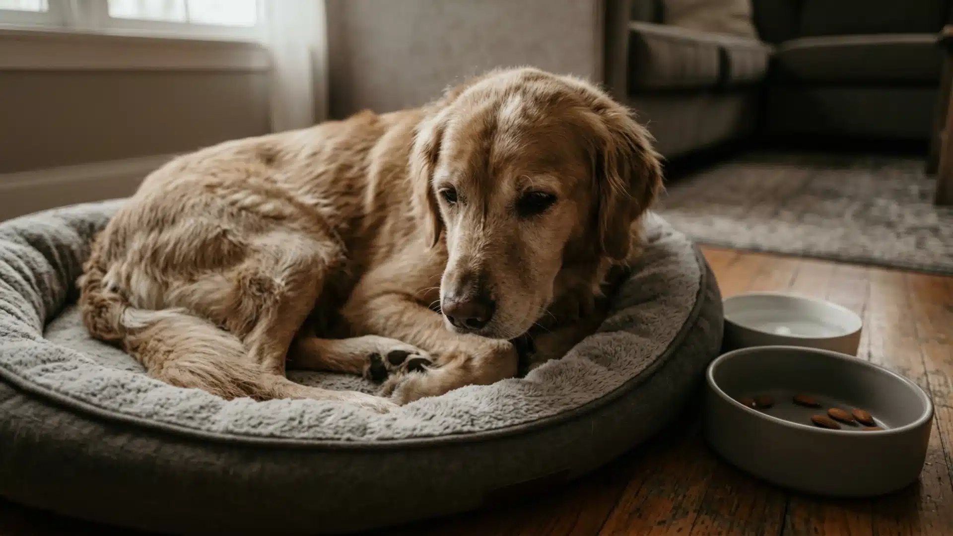 Dog showing symptoms after eating almonds — sick dog lying down looking lethargic and uncomfortable at home