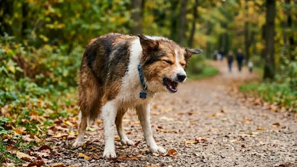 Dog sneezing on a forest trail covered with autumn leaves during an outdoor walk