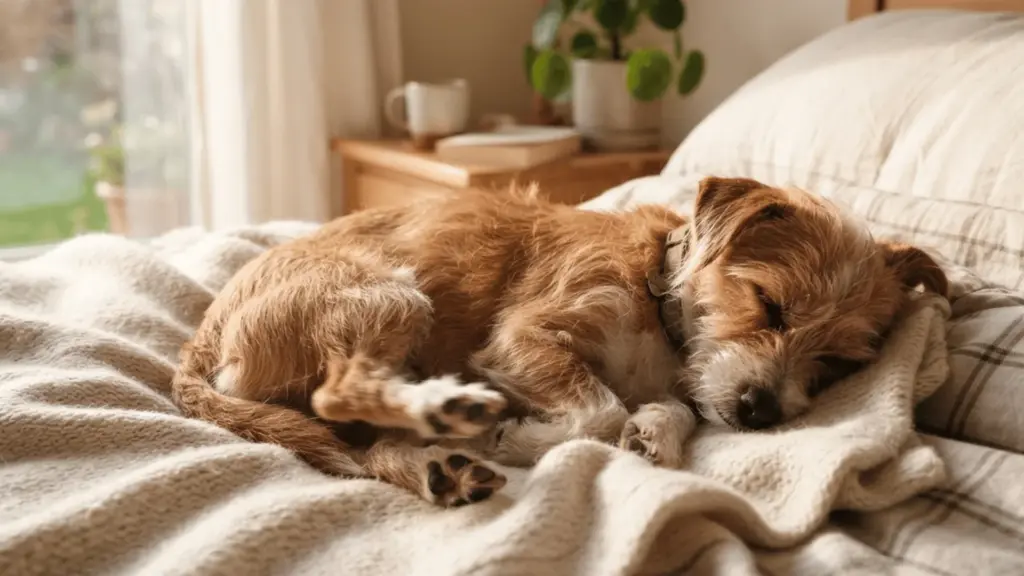 Dog twitching in sleep while curled up on a soft bed