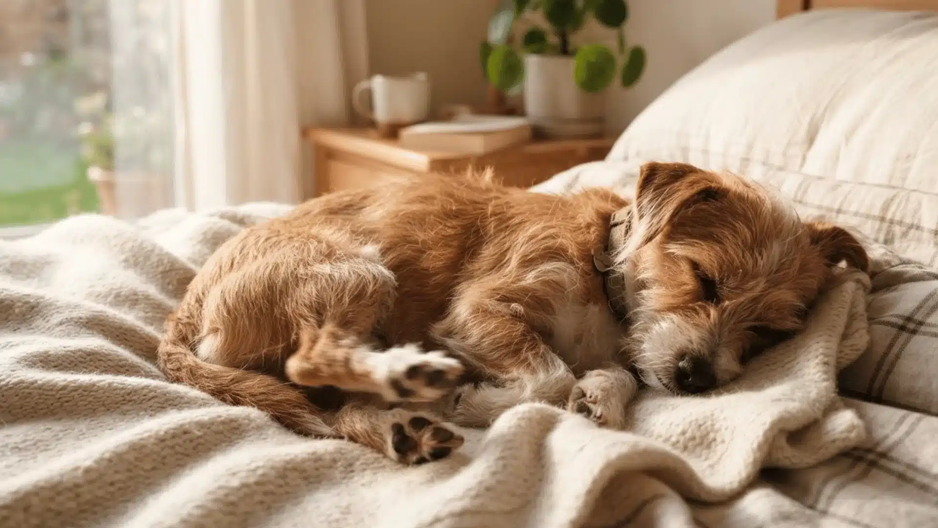 Dog twitching in sleep while curled up on a soft bed