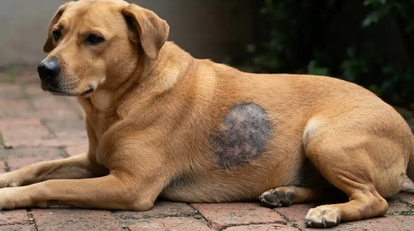 dog with a circular patch of hair loss and darkened skin on the side showing localized mange symptoms outdoors