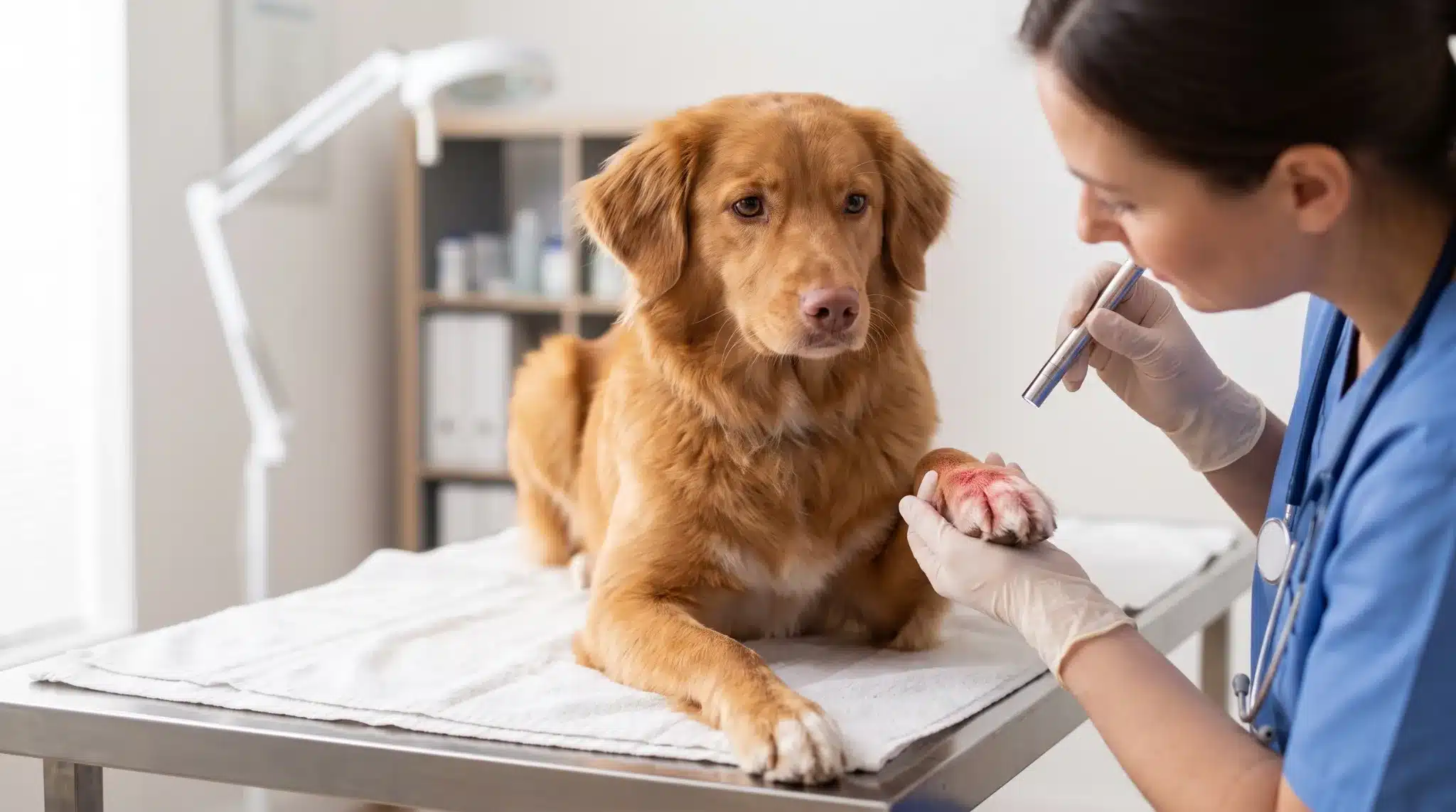 dog with a red inflamed paw beside a veterinarian, pododermatitis dog paw care in a clean clinic