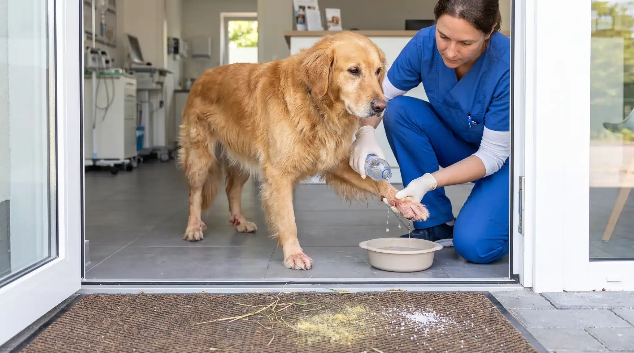 dog with red paws from allergies and irritants receiving gentle veterinary paw car