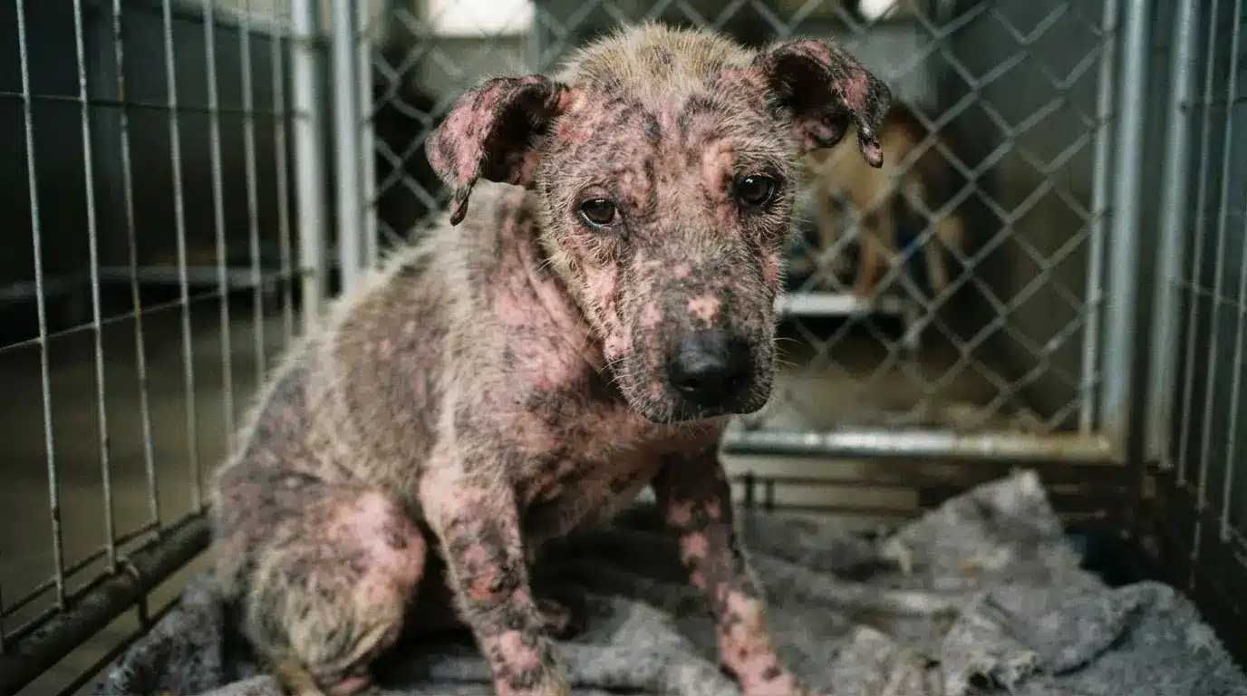 dog with severe mange showing widespread hair loss inflamed skin and crusted lesions sitting inside a kennel