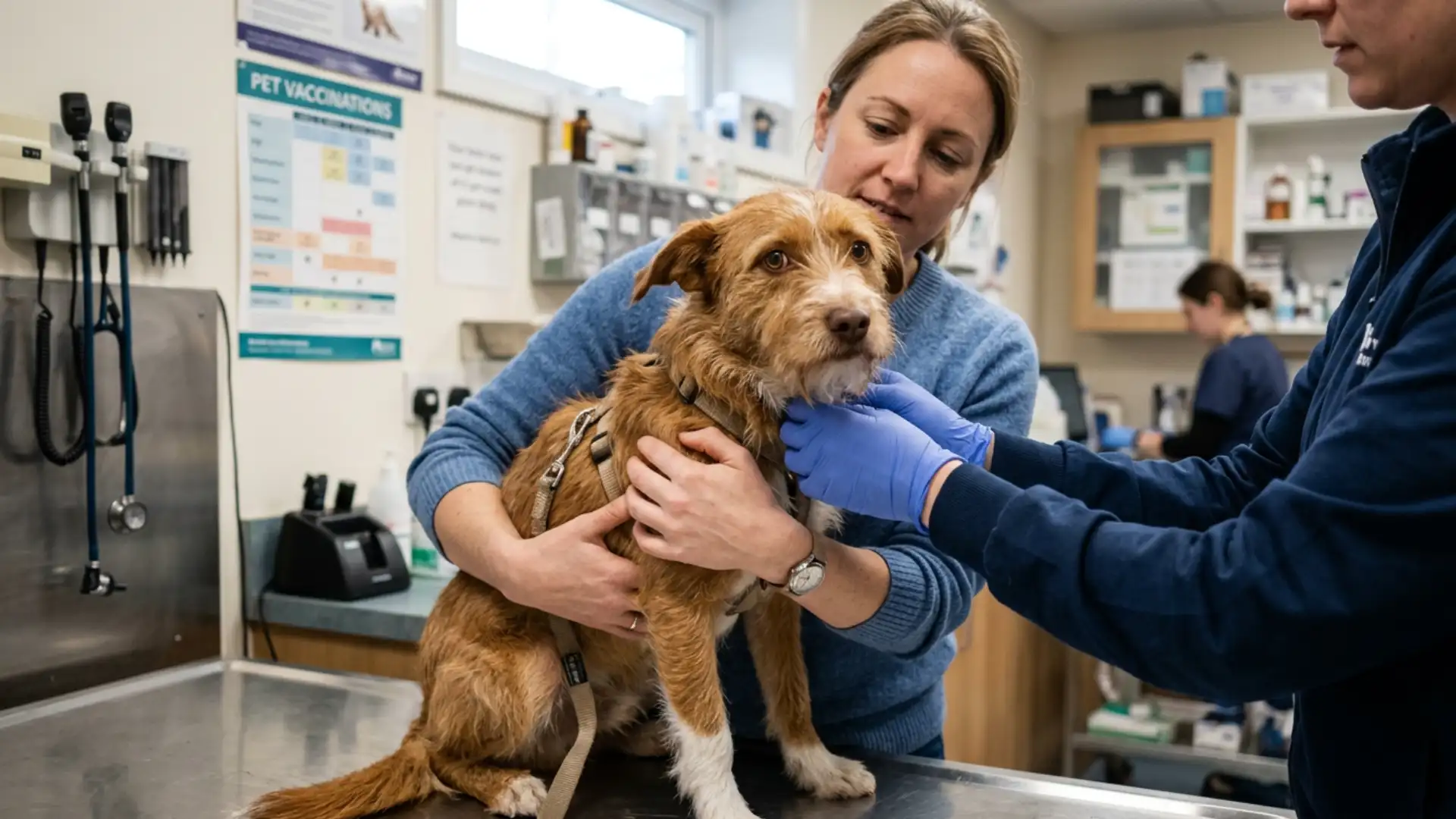Dog being gently checked by a vet during a routine nose and health exam