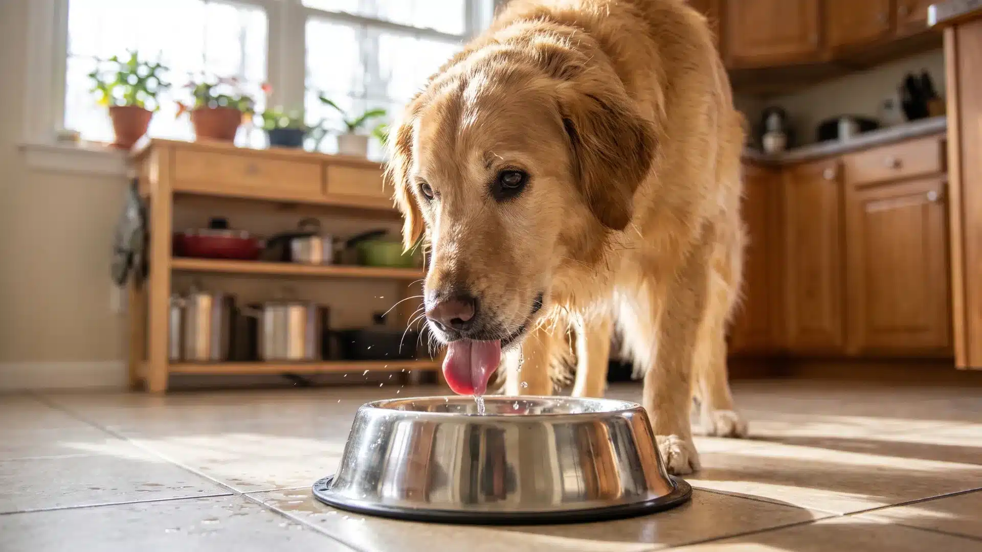 Dog drinking water, a simple daily habit that helps prevent bladder stones