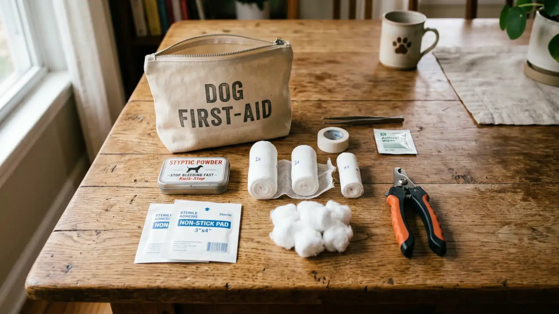 Dog nail first aid kit with styptic powder, gauze, and clippers