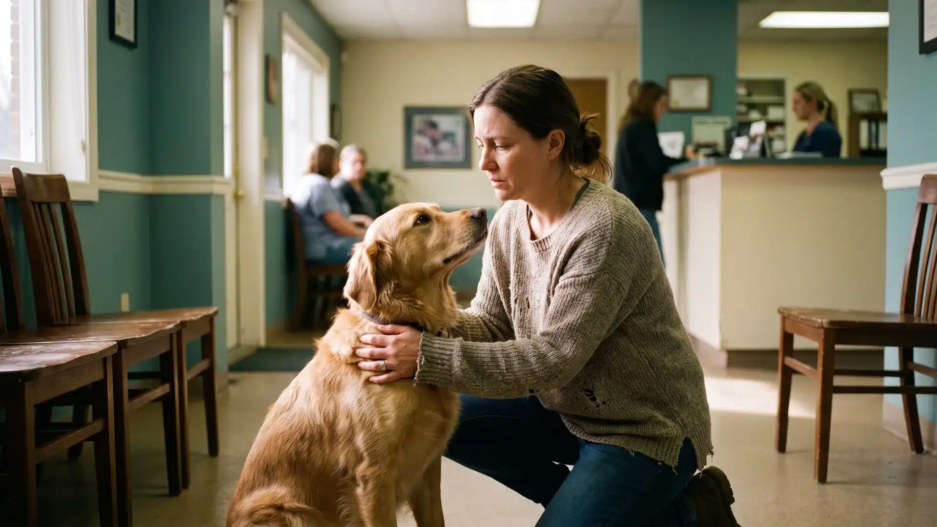 Dog owner comforting a Golden Retriever in a veterinary waiting room