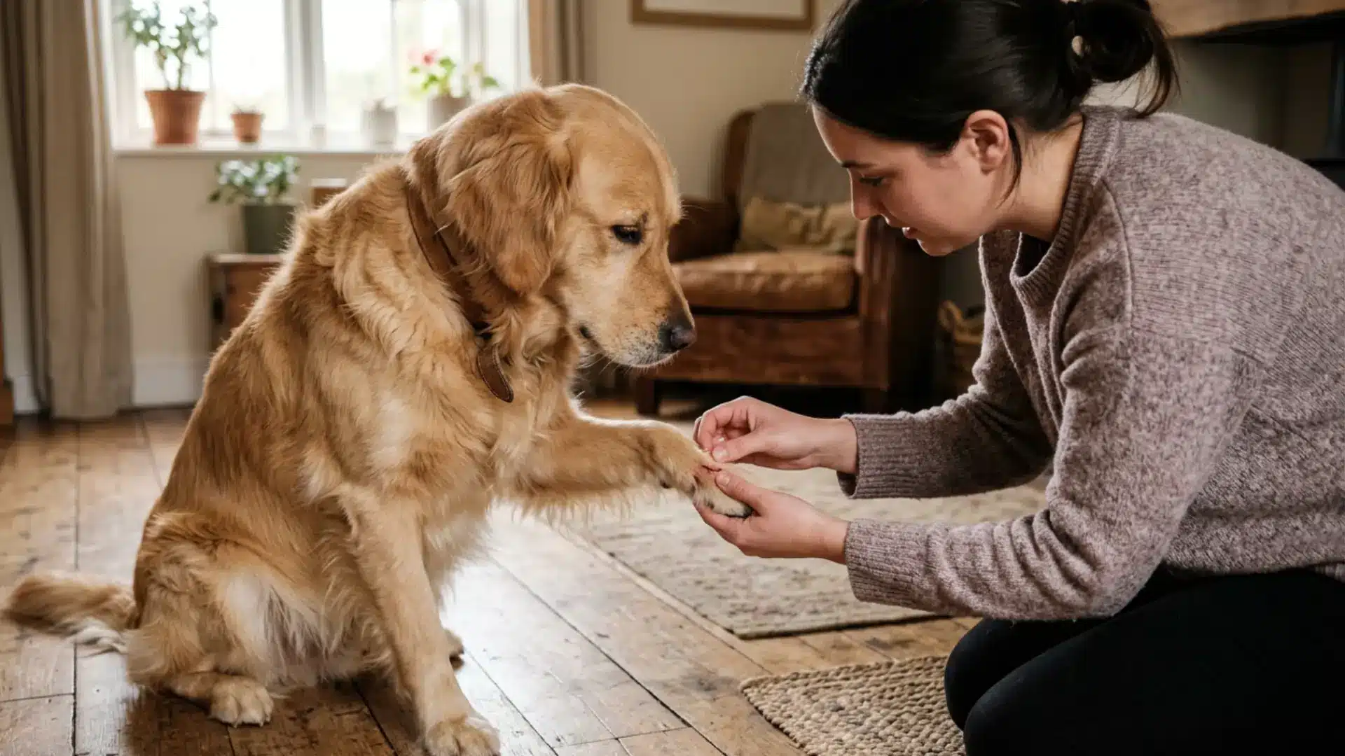 Dog owner examining a small cut on a golden retriever's paw