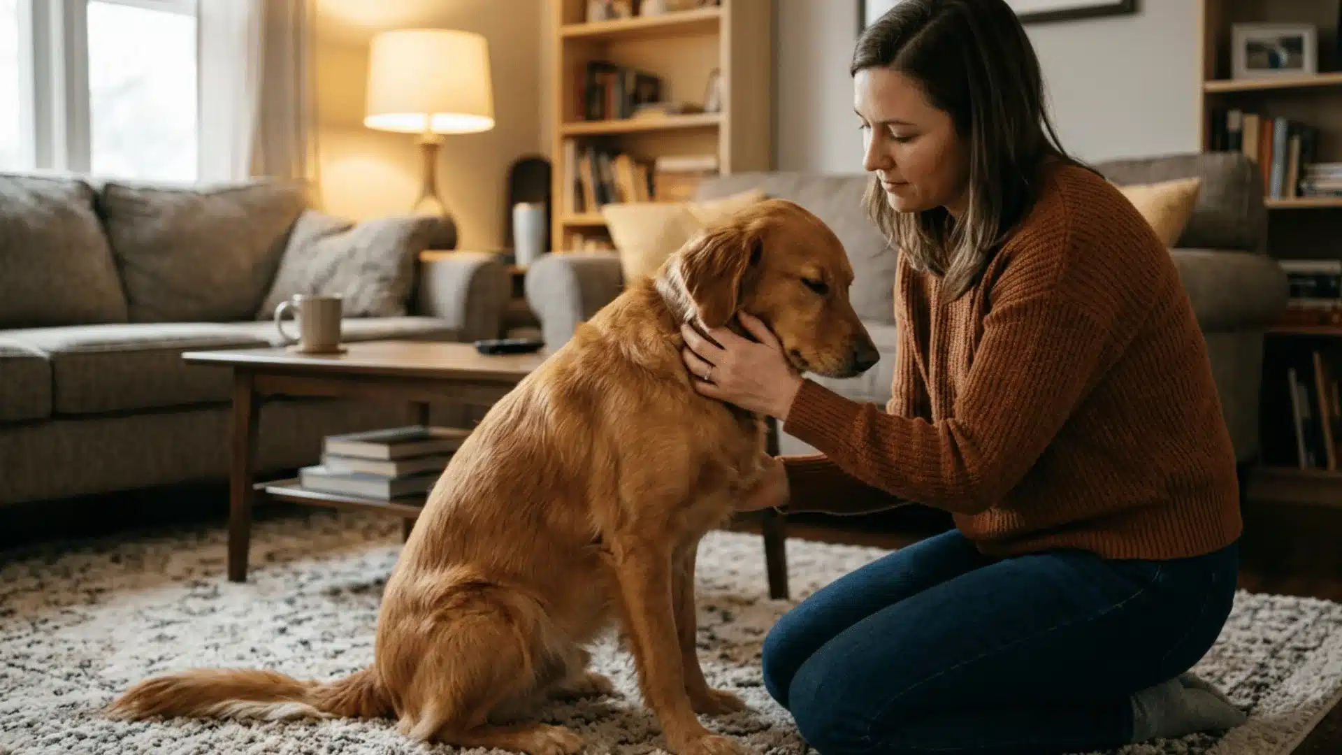 Dog owner gently massaging dog's throat to help stop reverse sneezing