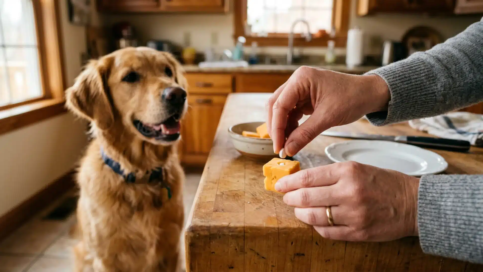 Dog owner hiding phenobarbital tablet in cheese to give to waiting dog