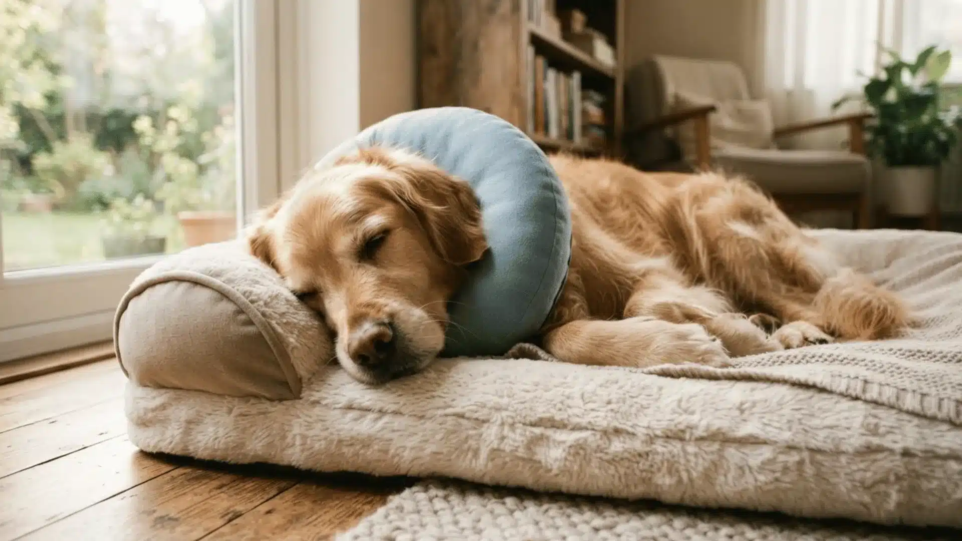 Dog resting at home during recovery from tooth abscess treatment
