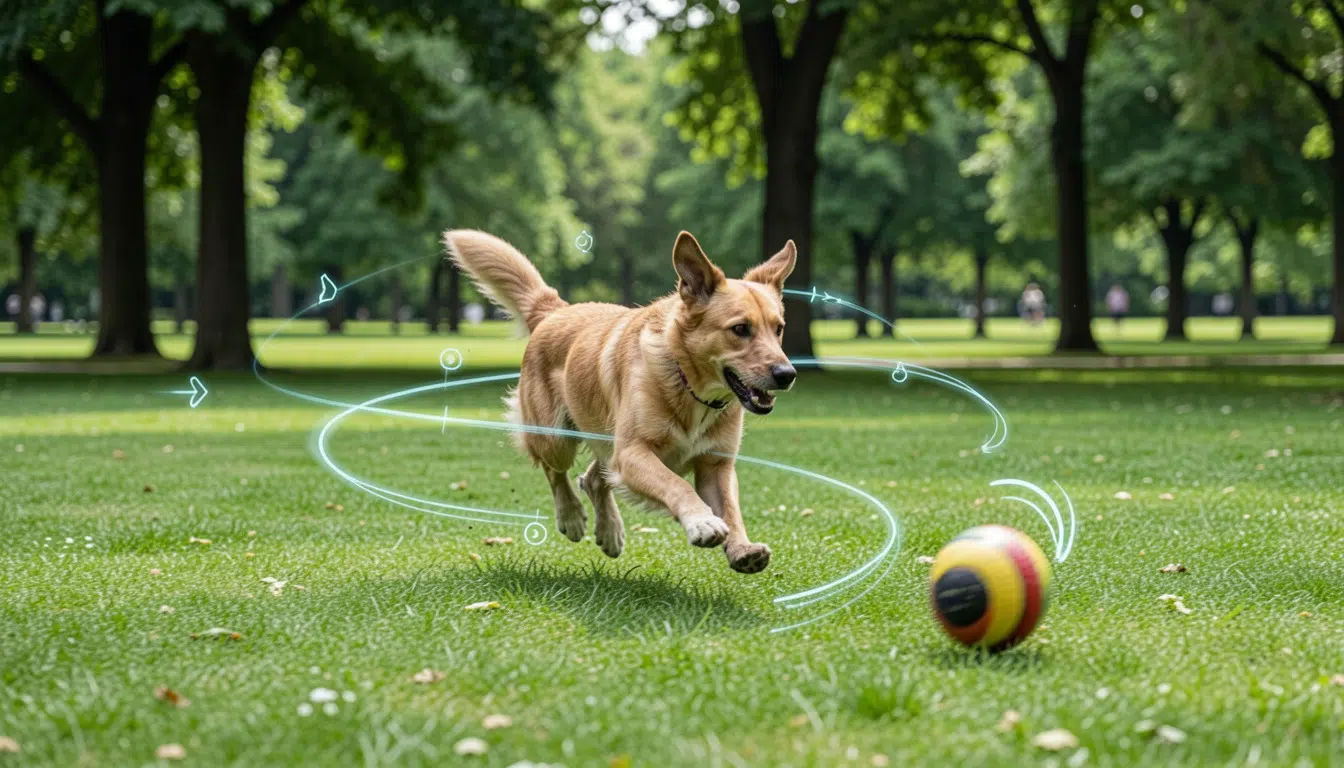 dog running after a ball in a green park with motion trails around it