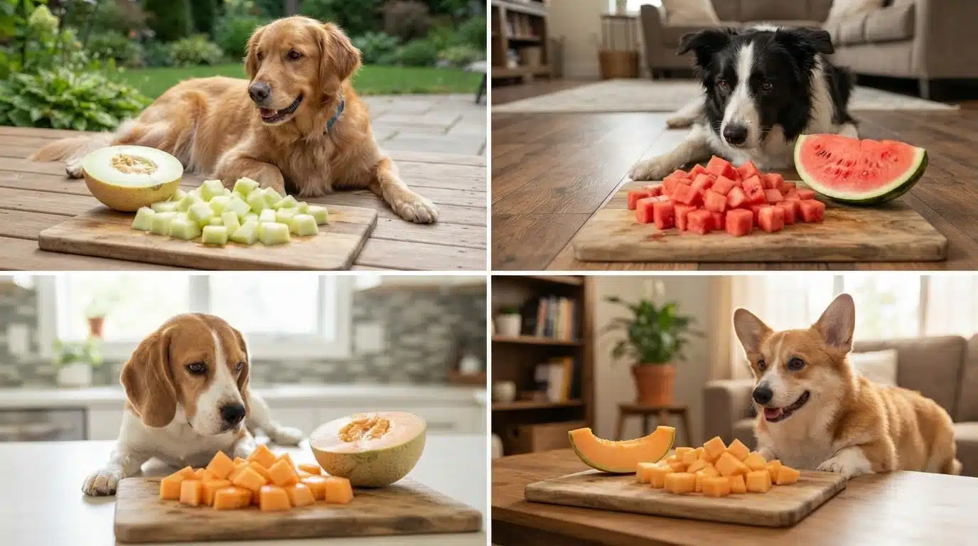 dogs looking at prepared melon pieces with removed seeds and rind for safe feeding tips