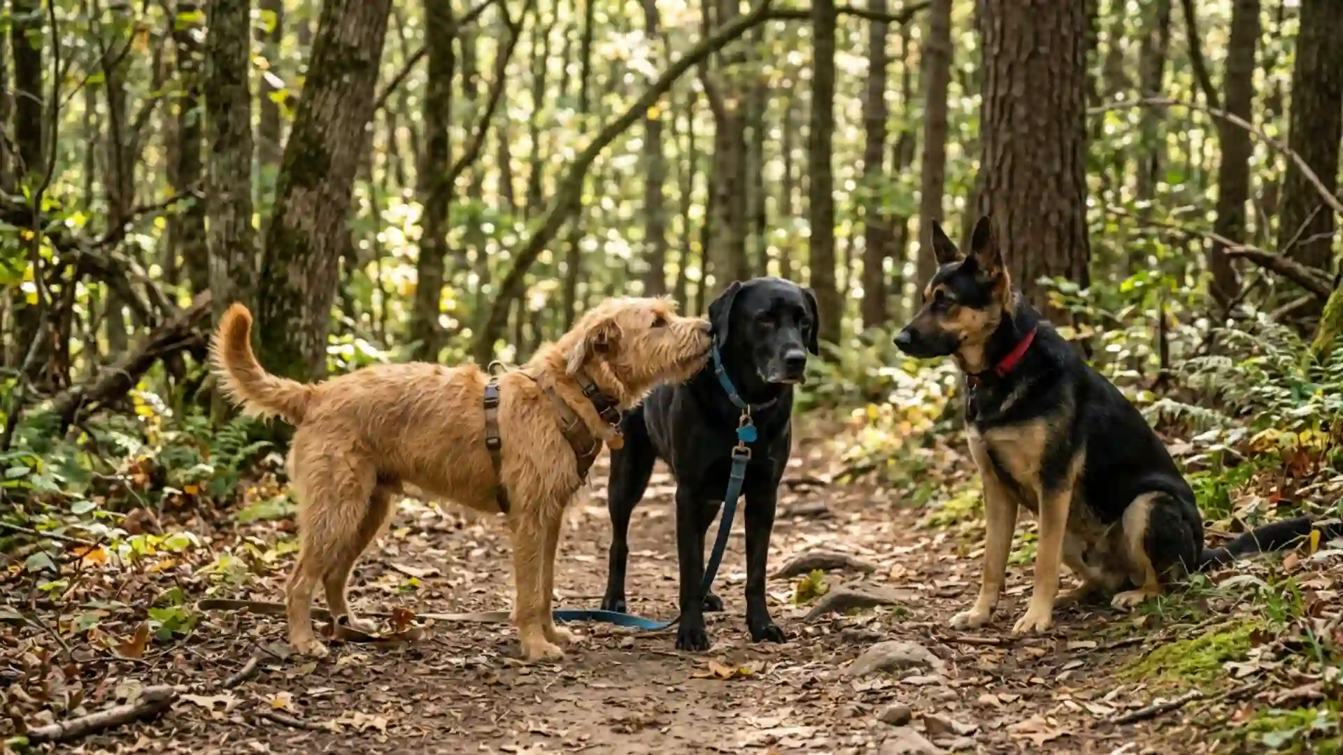 Dogs sniffing each other on a forest trail showing scent communication behavior
