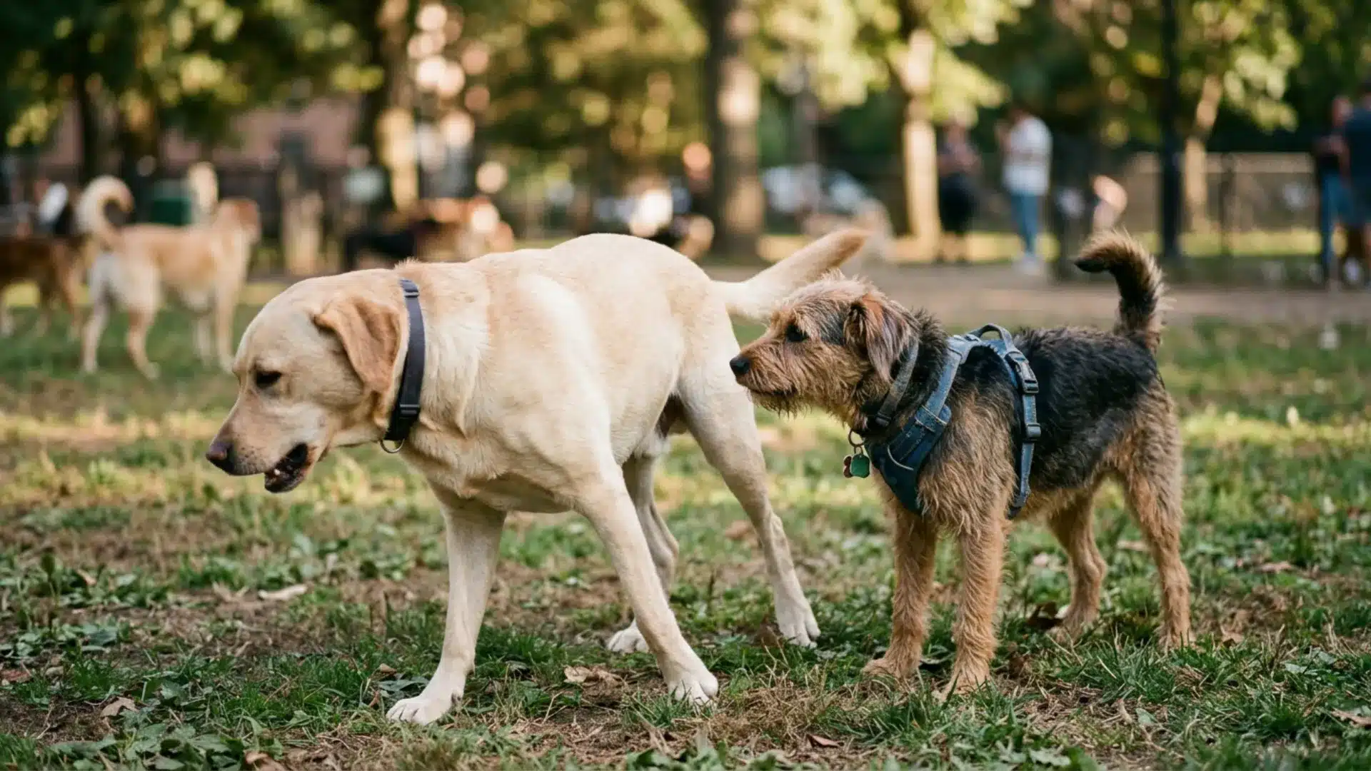 Dogs in close contact at a dog park where kennel cough commonly spreads