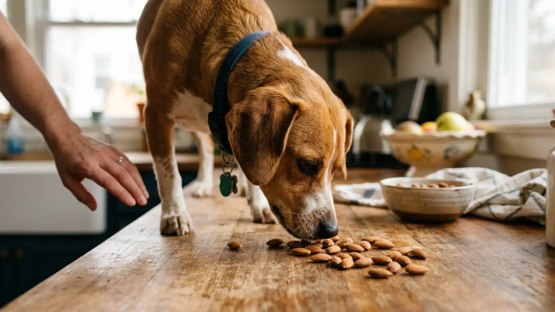 Dog sniffing almonds on kitchen counter — can dogs eat almonds safely